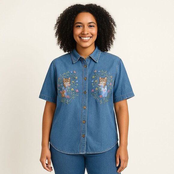 Vintage Cat Embroidered Denim Shirt Cottagecore Coquette Whimsical Floral - Picture 4 of 12